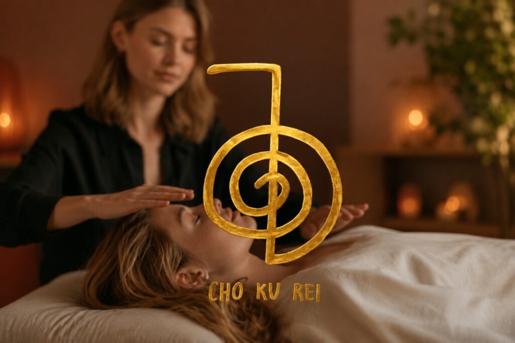 Het Reiki krachtsymbool Cho Ku Rei boven een vrouw tijdens een Reiki-behandeling