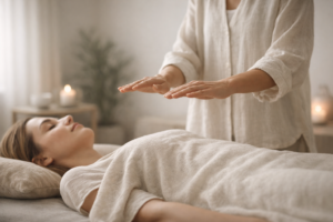 Energetische healing sessie waarbij een behandelaar handen boven het lichaam houdt in een ontspannen ruimte