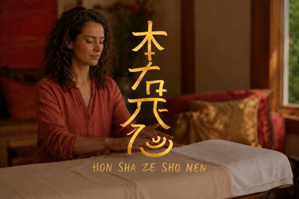 Reiki-behandelaar tekent het afstandssymbool Hon Sha Ze Sho Nen boven een liggende vrouw