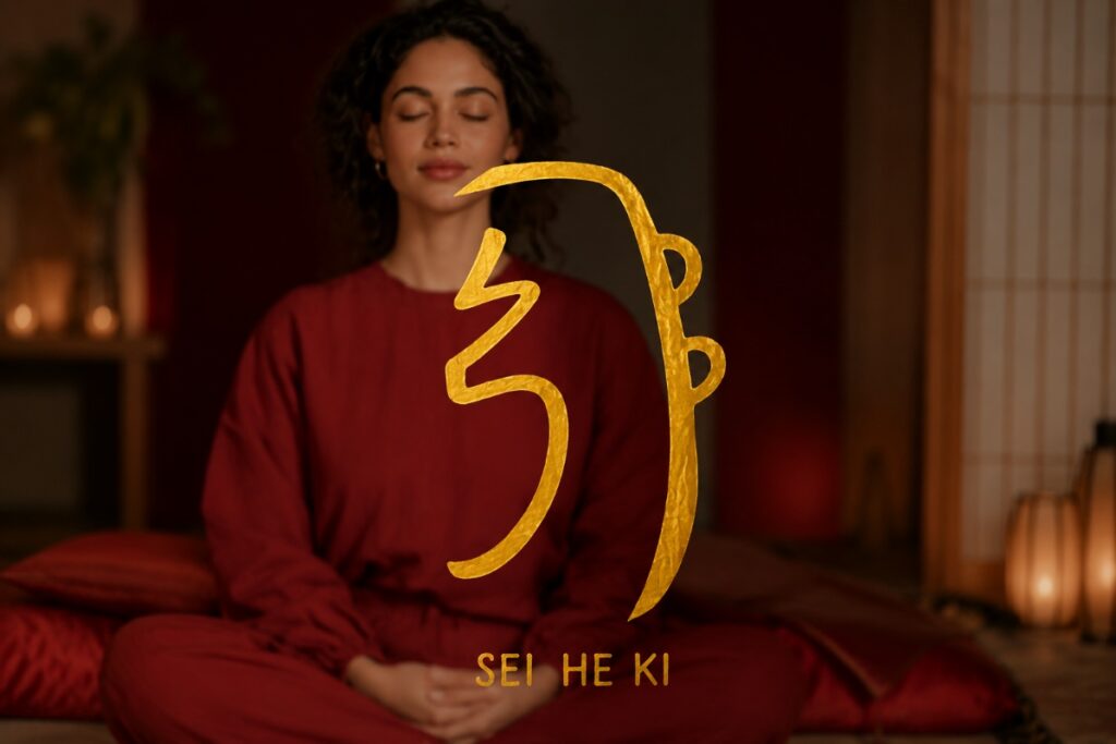 Het mentale en emotionele Reiki symbool Sei He Ki bij een mediterende vrouw